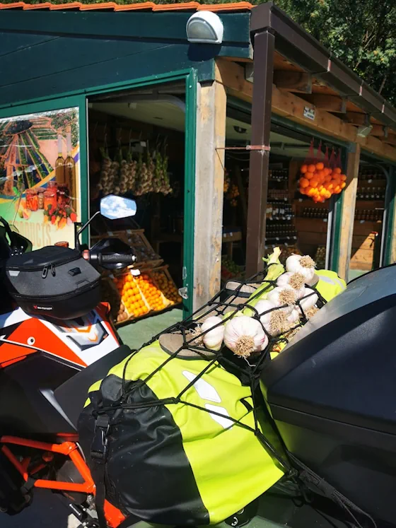 Knoblauchtransport am Motorrad