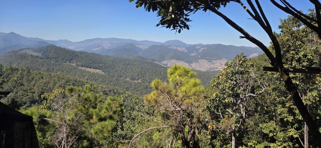 Motorradpause am Mae Hong Son Loop mit Panorama über den Dschungel